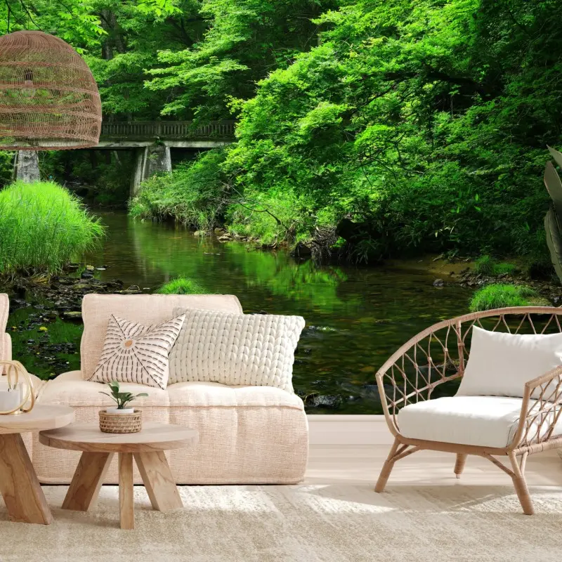 Fototapete üppiger grüner waldbach mit steinbrücke