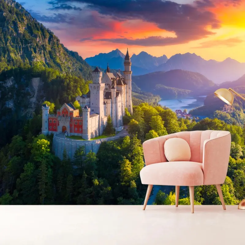 Fototapete schloss Neuschwanstein bei sonnenuntergang