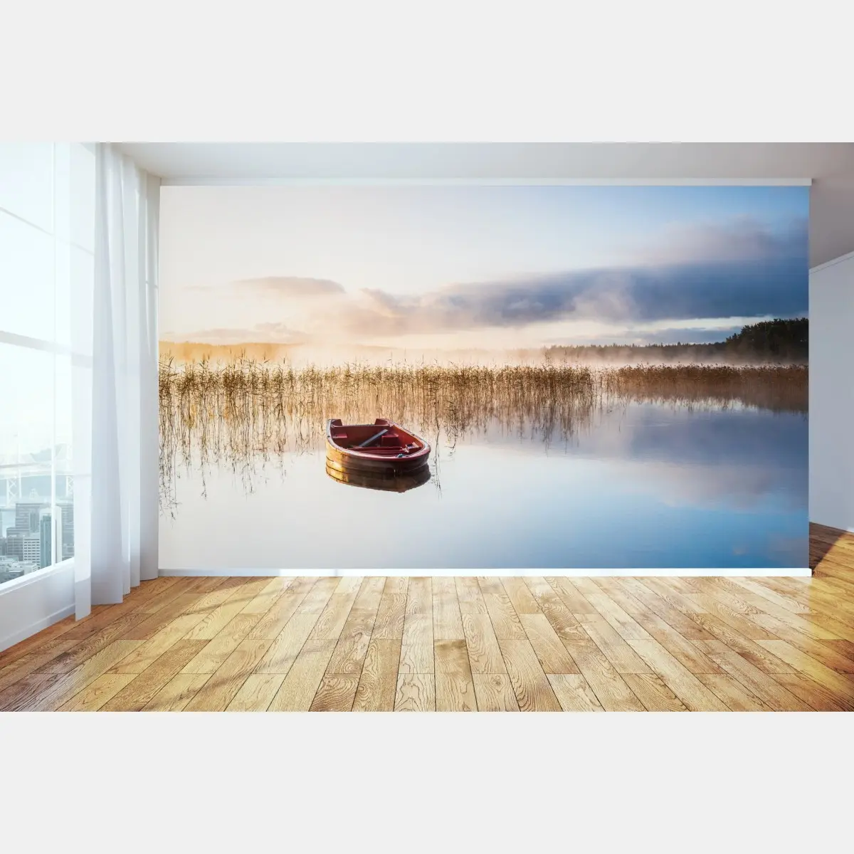 Fototapete nebliger morgen am see mit rotem boot – Pixers®