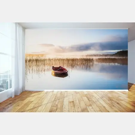 Fototapete nebliger morgen am see mit rotem boot – Pixers®