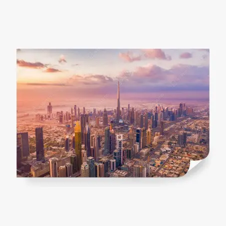 Fototapete sonnenuntergang über der skyline von Dubai mit Burj Khalifa – Pixers®