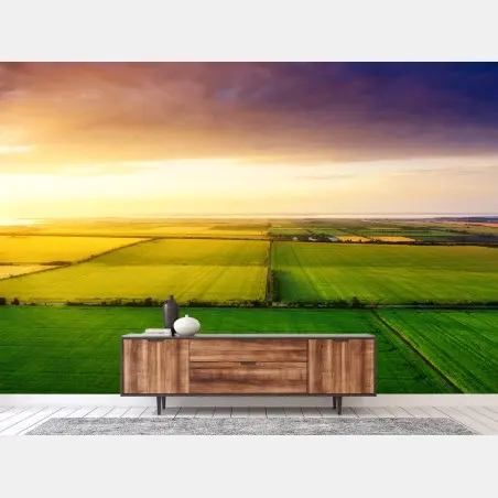 Fototapete sonnenuntergang über grünen feldern – Pixers®