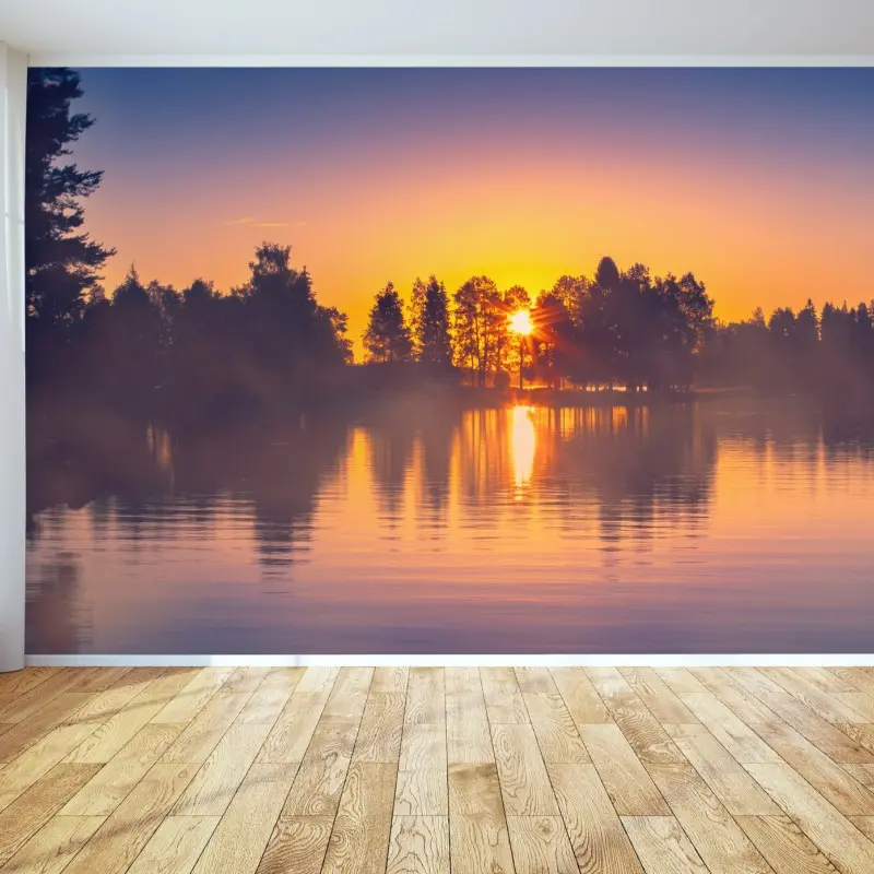 Fototapete nebliger sonnuntergang am see