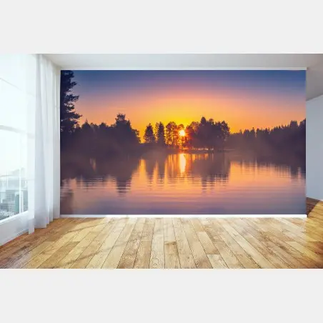 Fototapete nebliger sonnuntergang am see – Pixers®