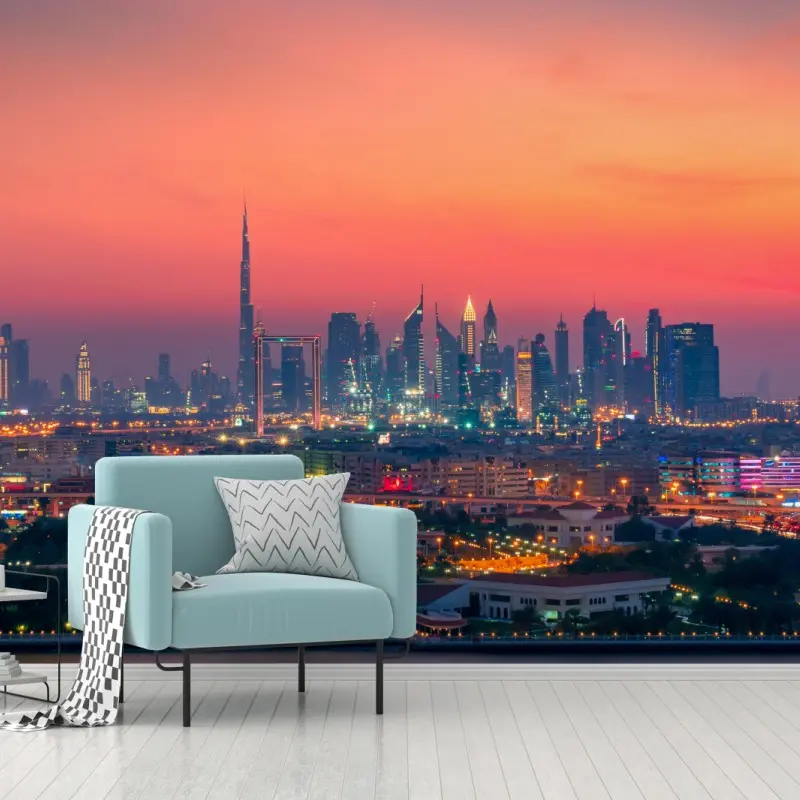 Fototapete Dubai skyline bei sonnenuntergang