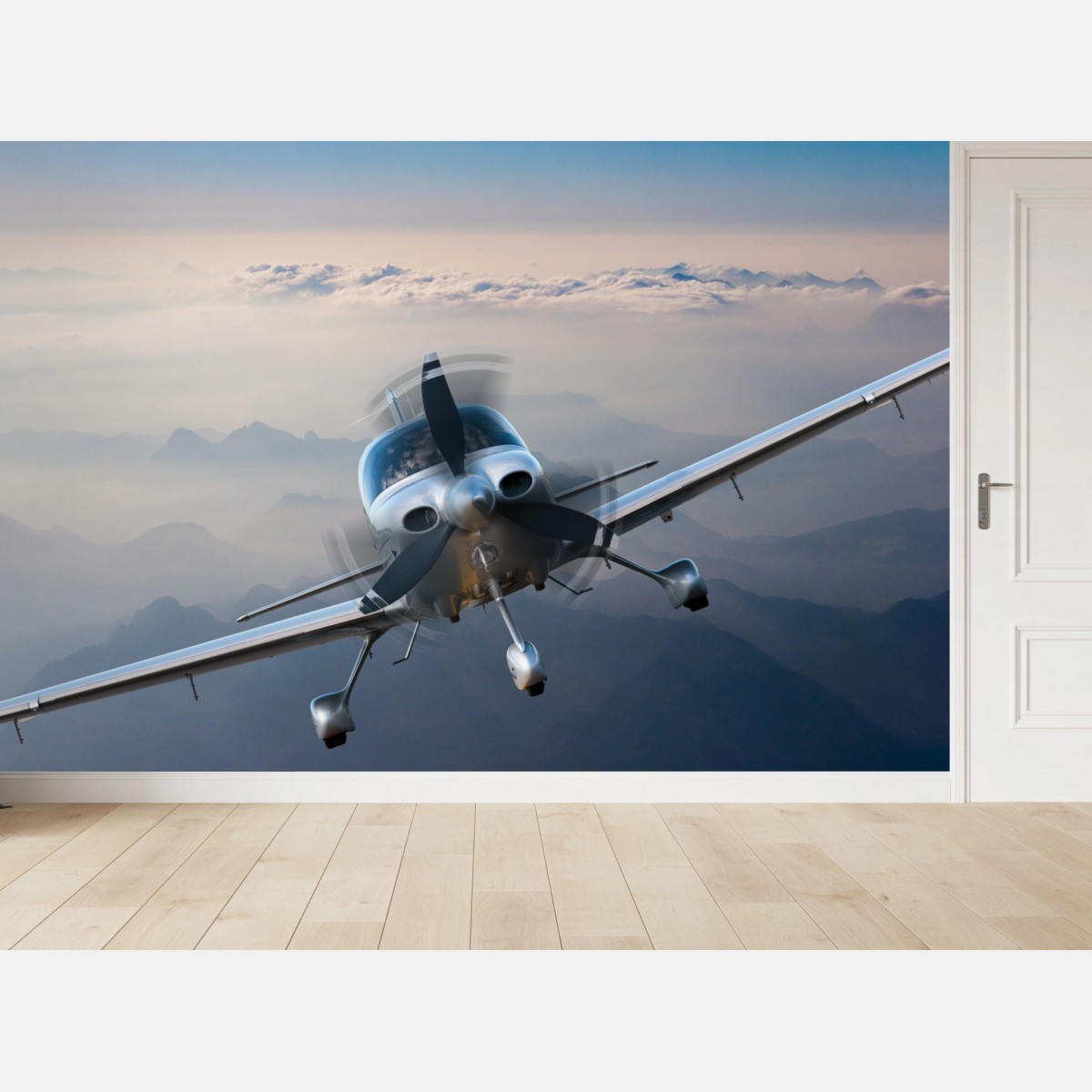 Fototapete silbernes propellerflugzeug über nebeligen bergen – Pixers®
