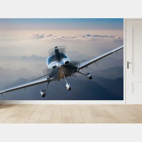 Fototapete silbernes propellerflugzeug über nebeligen bergen – Pixers®