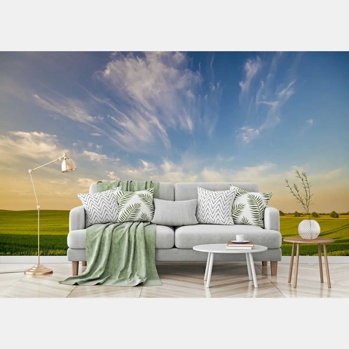 Fototapete grüne wiese mit einer reihe junger bäume – Pixers®
