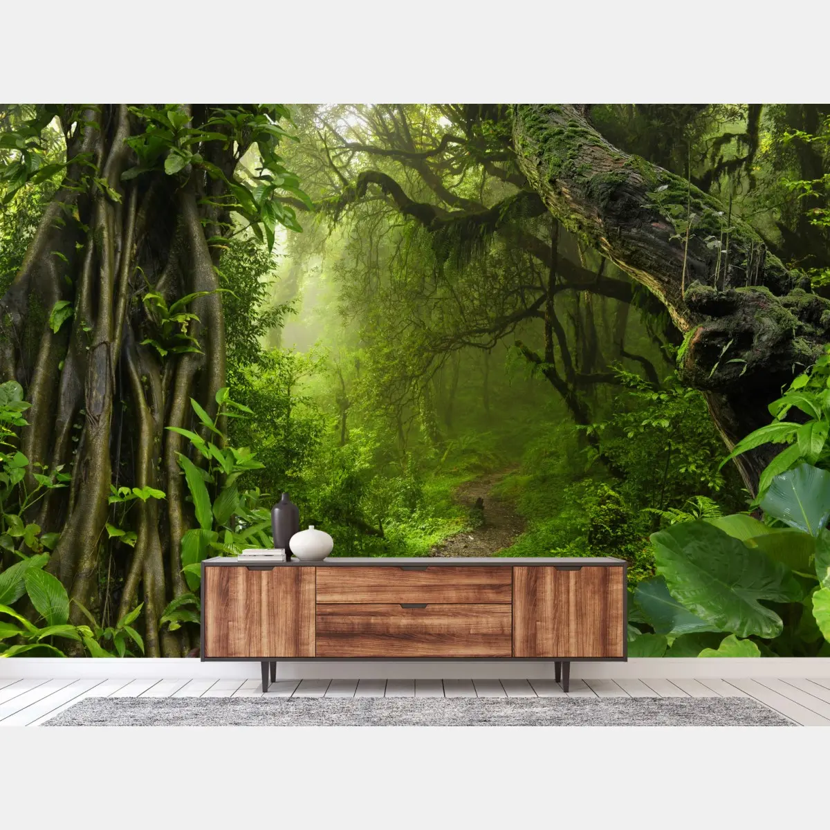 Fototapete üppiger nebliger waldpfad – Pixers®
