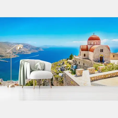Fototapete griechische kirche auf klippe über dem meer – Pixers®