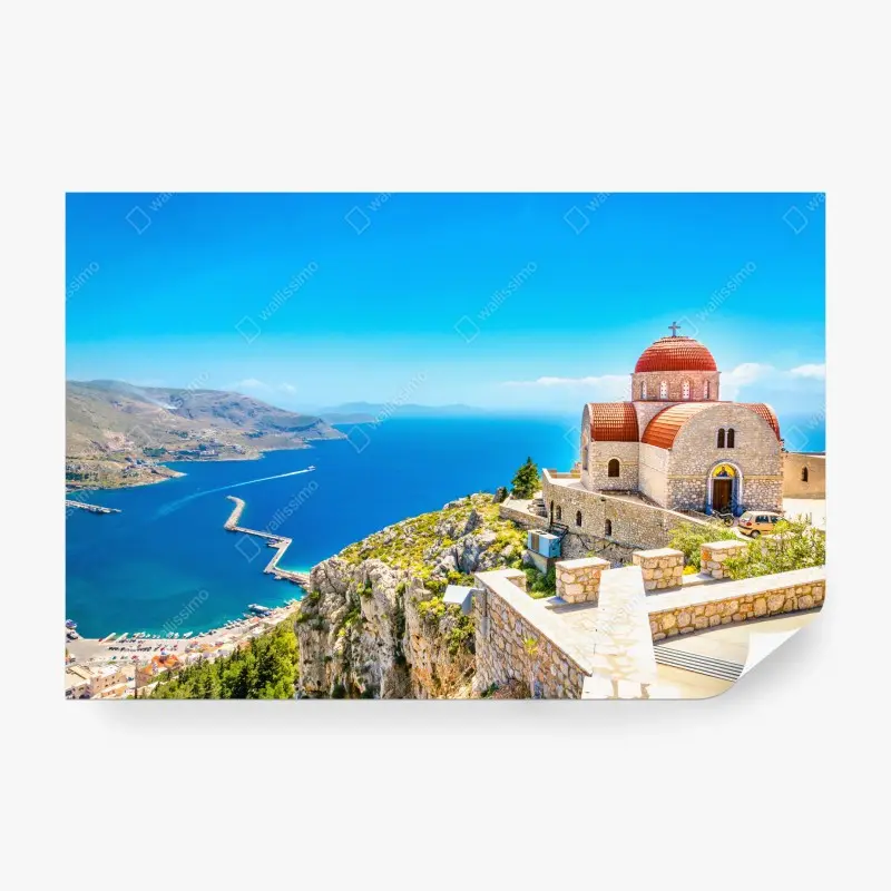 Fototapete griechische kirche auf klippe über dem meer