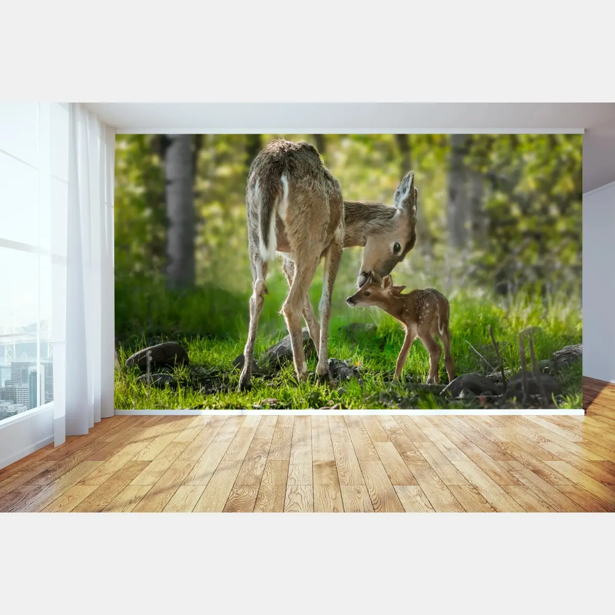 Fototapete hirsch und kitz im sonnendurchfluteten wald – Pixers®