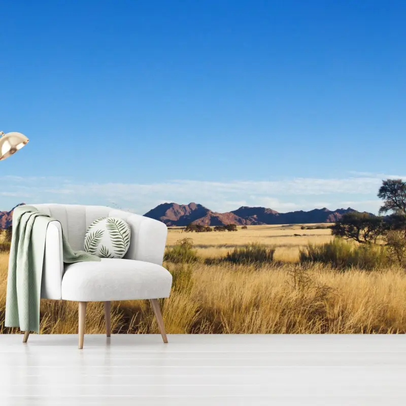 Fototapete ruhige savannenlandschaft unter klarem blauem himmel