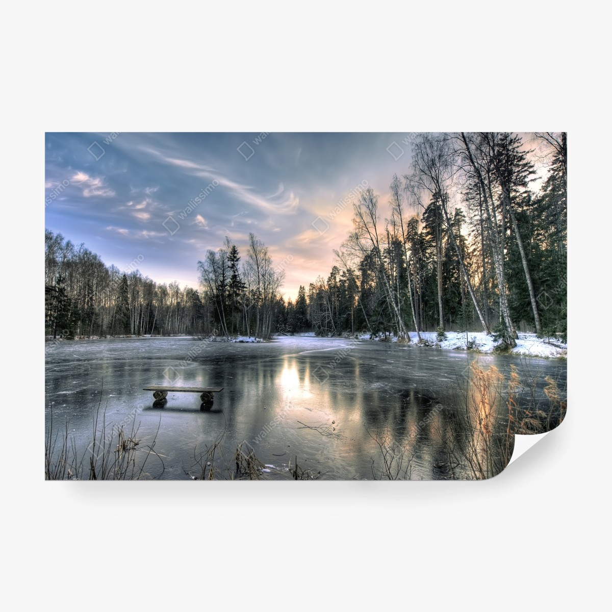 Fototapete vereister see im dämmerlicht mit waldspiegelung – Pixers®