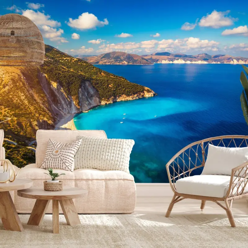 Fototapete sonniges panorama der Myrtos-bucht, Kefalonia