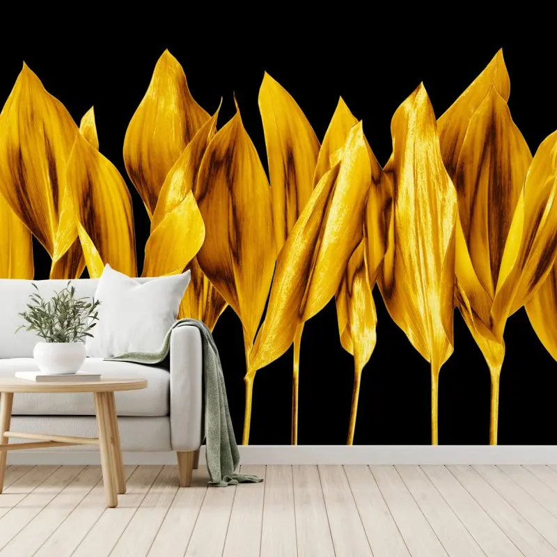 Fototapete goldene blätter auf schwarzem hintergrund