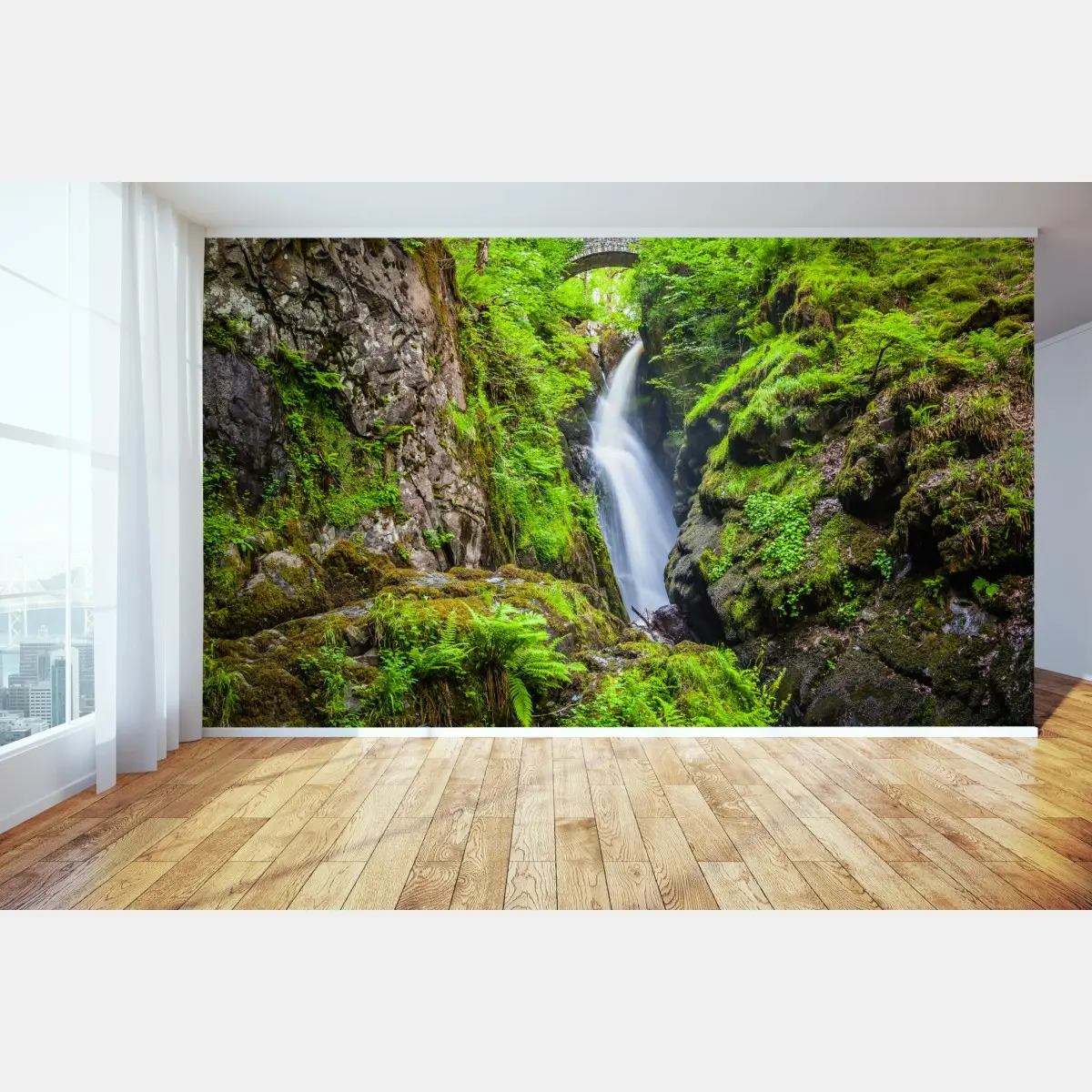 Fototapete wasserfall in moosiger schlucht mit steinbrücke – Pixers®
