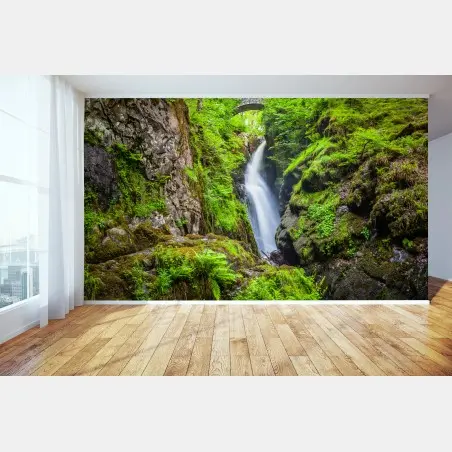 Fototapete wasserfall in moosiger schlucht mit steinbrücke – Pixers®
