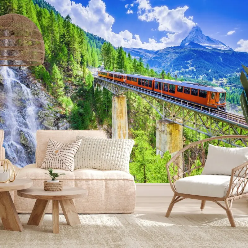 Fototapete Gornergrat zug auf alpenbrücke mit Matterhorn