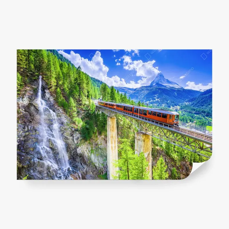 Fototapete Gornergrat zug auf alpenbrücke mit Matterhorn