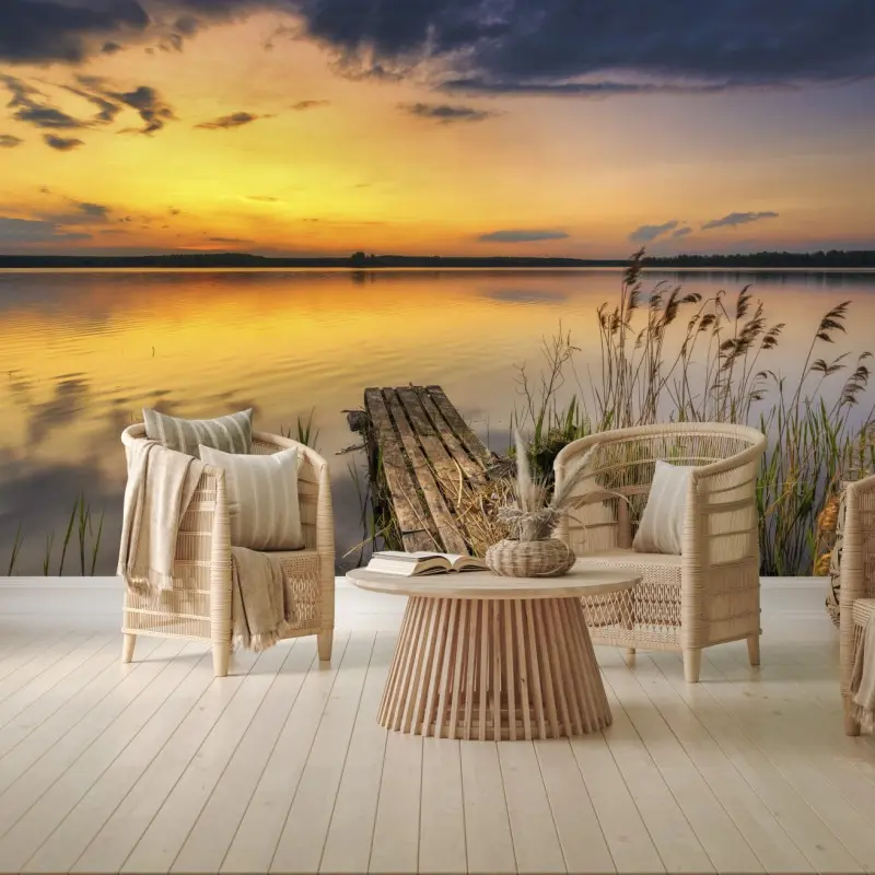 Fototapete goldener sonnenuntergang am see mit steg
