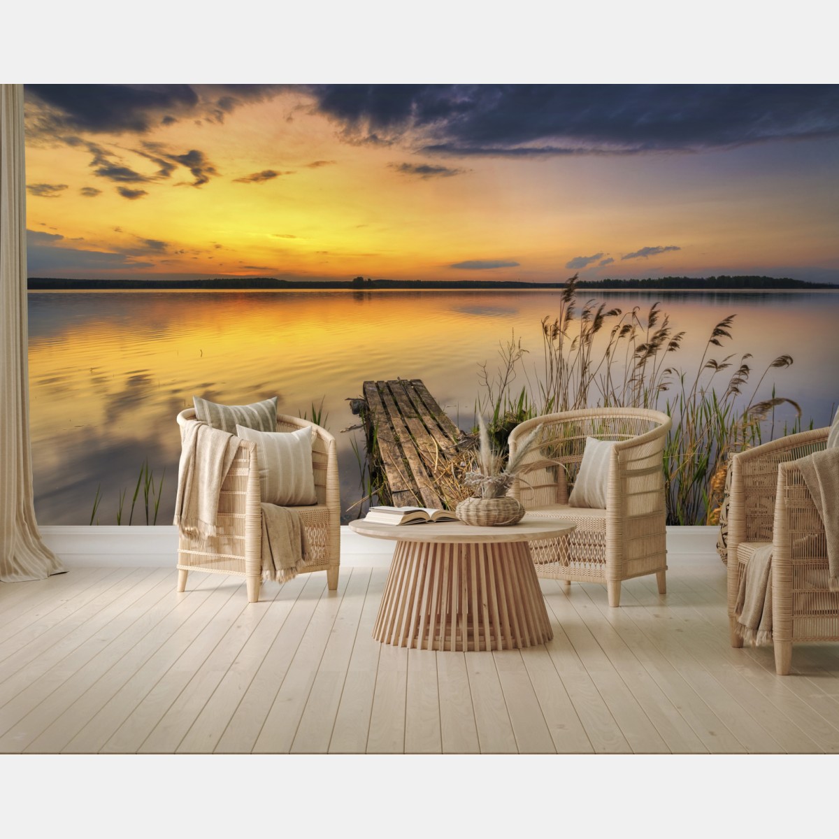 Fototapete goldener sonnenuntergang am see mit steg – Pixers®