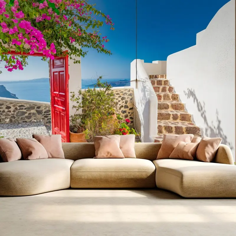 Fototapete sonnenbeschienene mediterrane terrasse mit meerblick