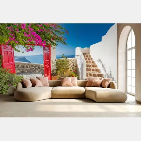Fototapete sonnenbeschienene mediterrane terrasse mit meerblick – Pixers®