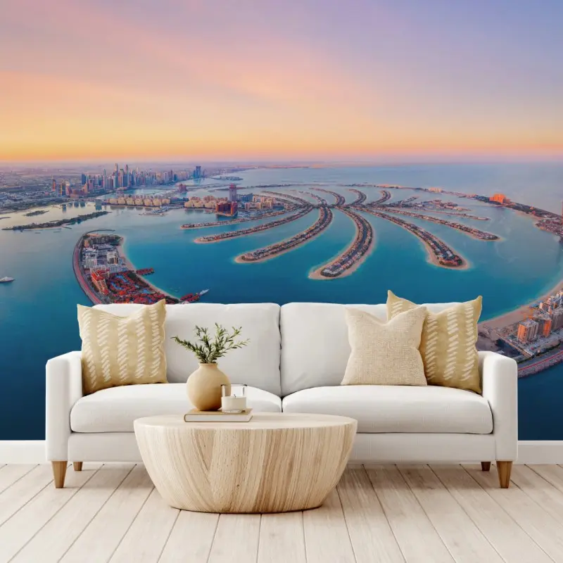 Fototapete sonnenuntergang über Palm Jumeirah luftaufnahme