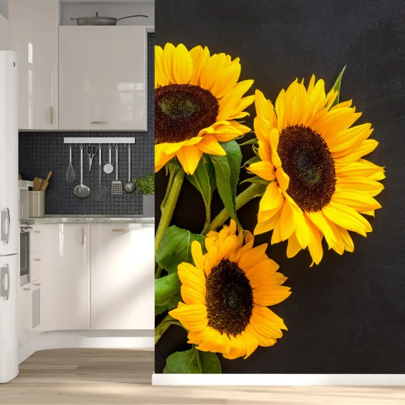Fototapete sonnenblumenstrauß auf schwarzem hintergrund