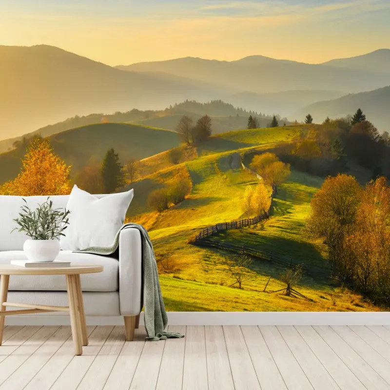 Fototapete goldene herbsthügel bei sonnenuntergang