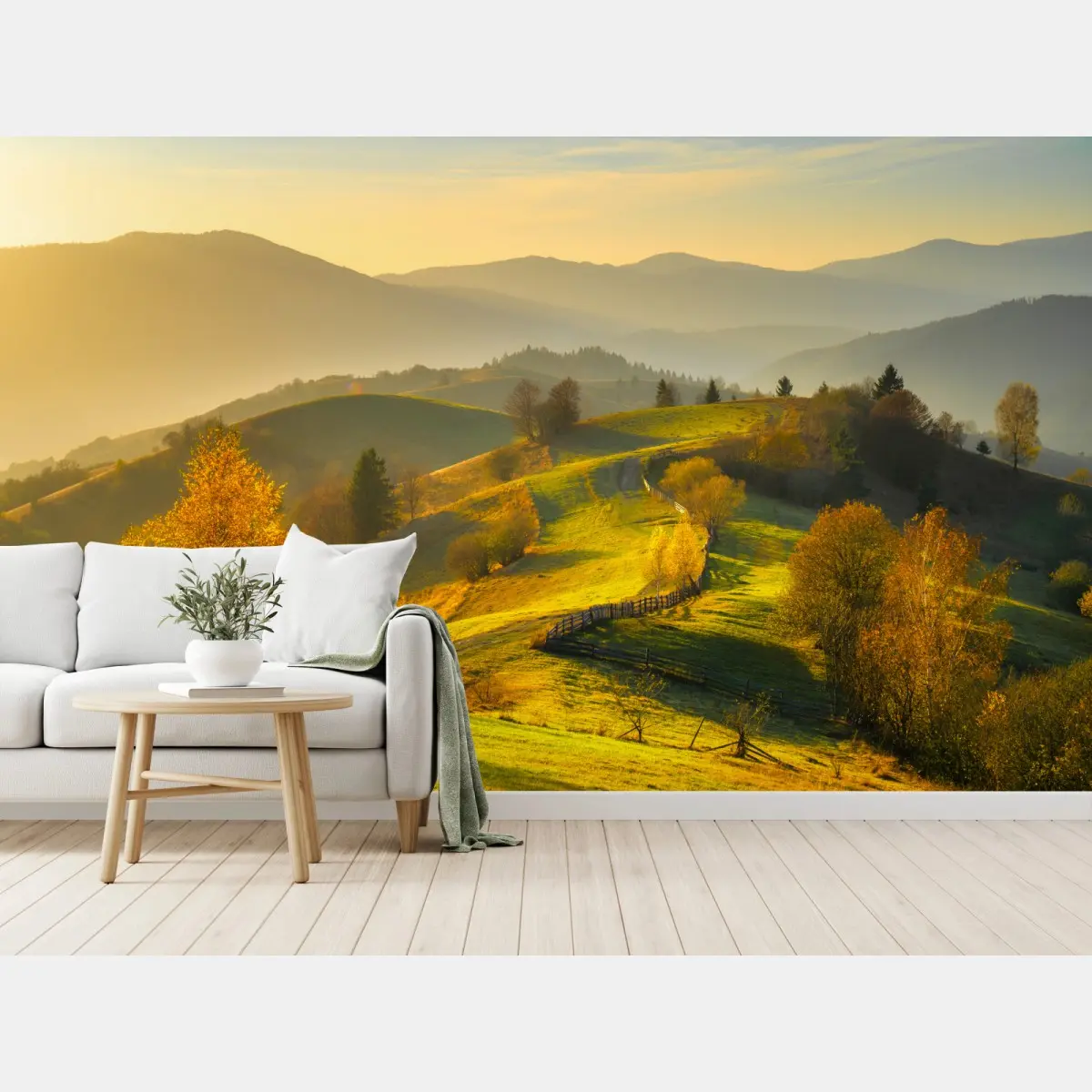 Fototapete goldene herbsthügel bei sonnenuntergang – Pixers®