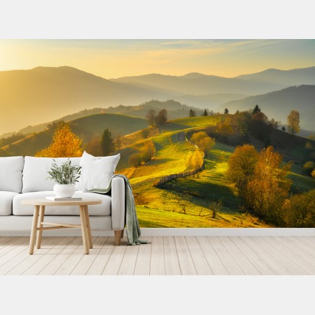 Fototapete goldene herbsthügel bei sonnenuntergang – Pixers®