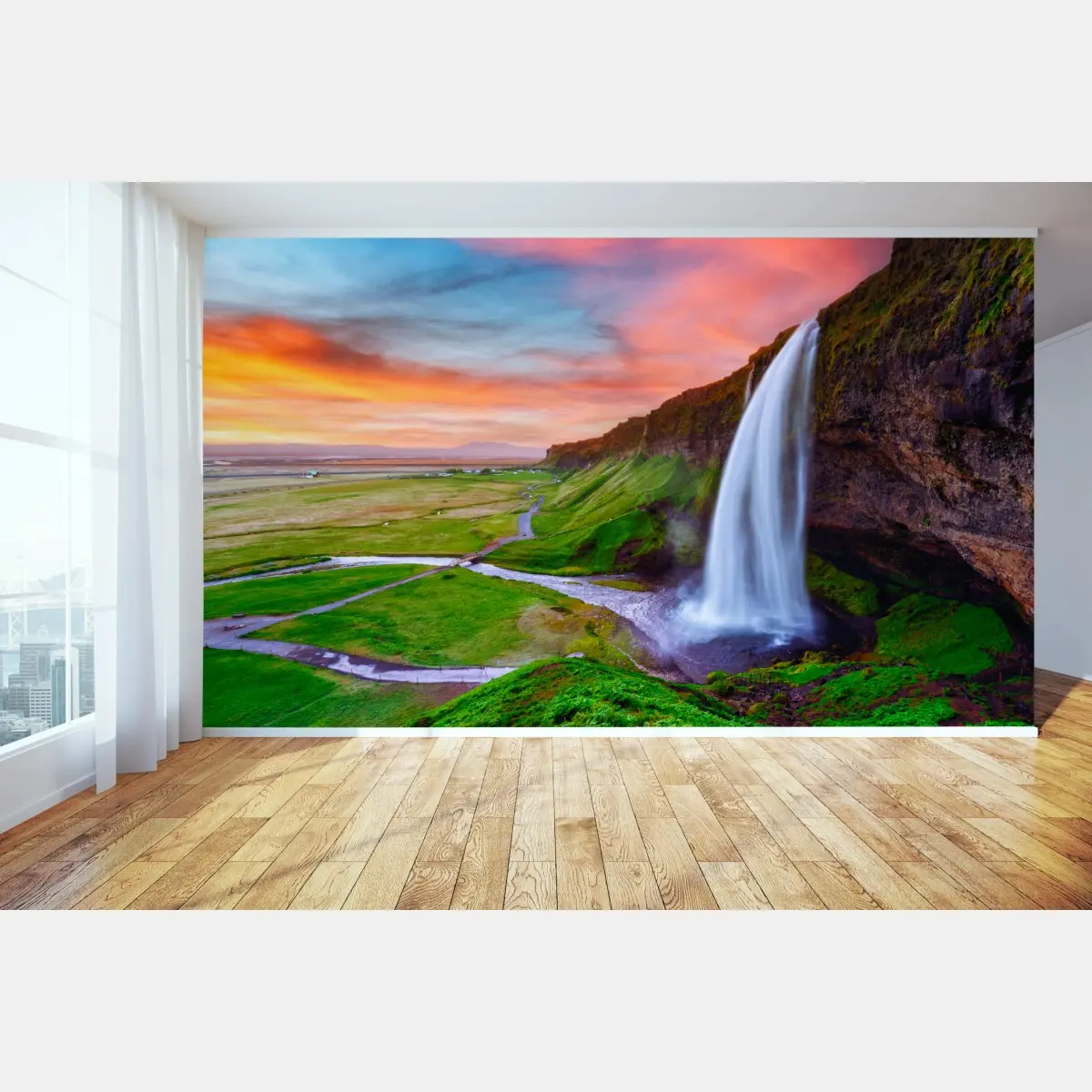 Fototapete wasserfall Seljalandsfoss bei sonnenuntergang – Pixers®