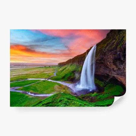 Fototapete wasserfall Seljalandsfoss bei sonnenuntergang – Pixers®