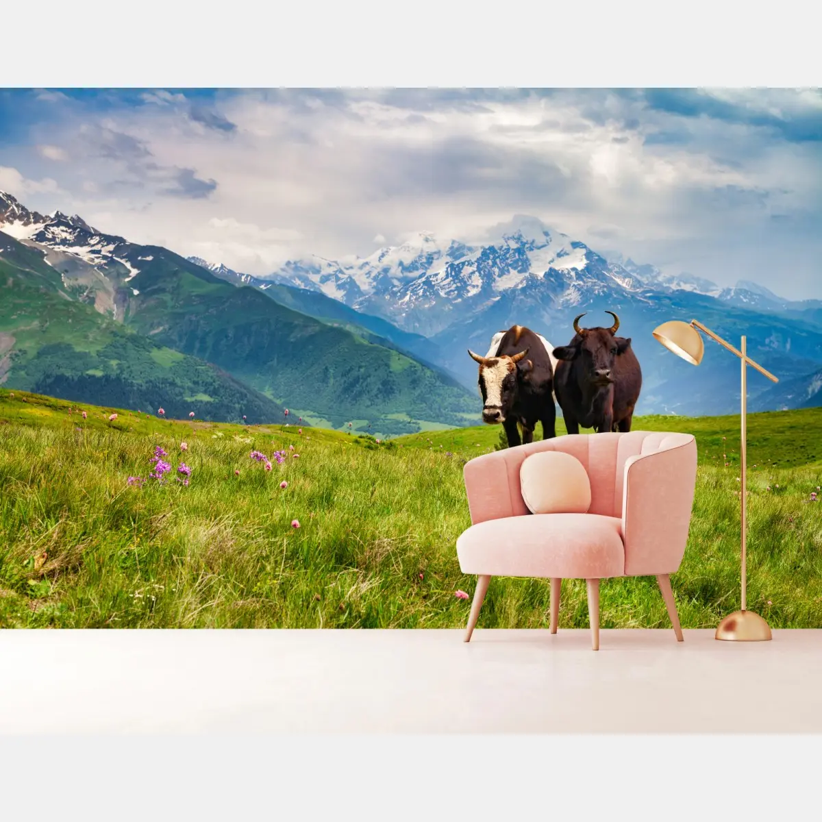 Fototapete alpenwiese mit grastenden kühen – Pixers®