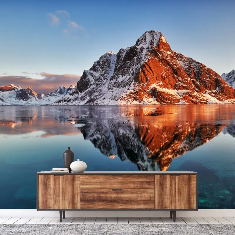 Fototapete Lofoten sonnenaufgang mit bergreflexion