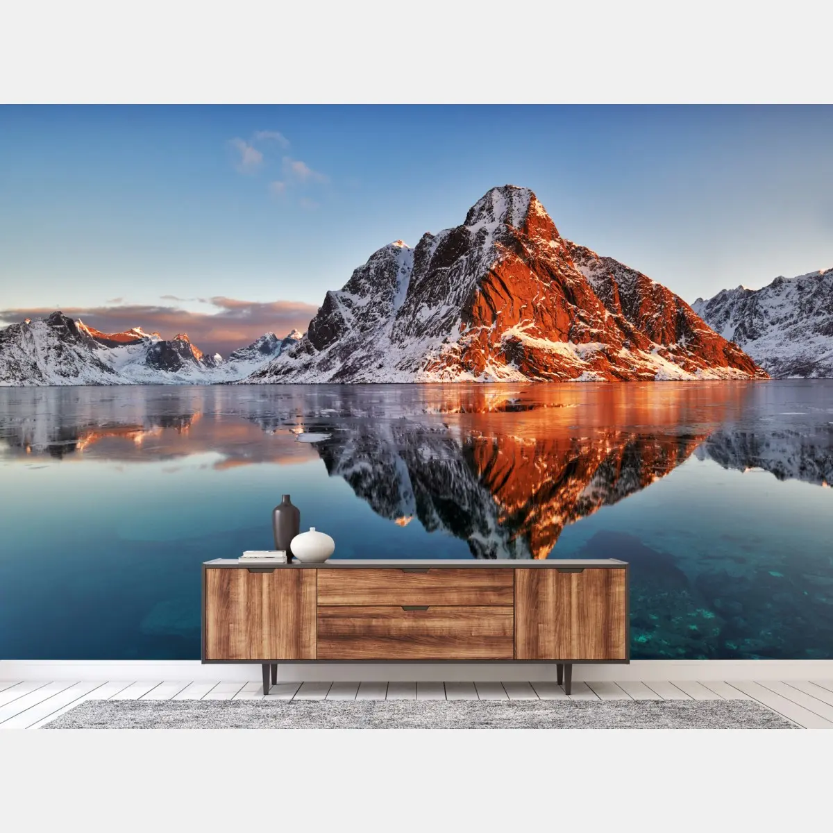 Fototapete Lofoten sonnenaufgang mit bergreflexion – Pixers®