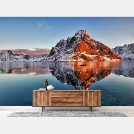 Fototapete Lofoten sonnenaufgang mit bergreflexion – Pixers®