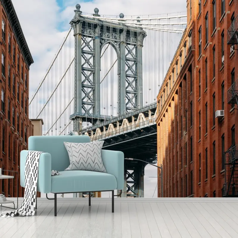 Fototapete Brooklyn brücke eingerahmt von backsteingebäuden