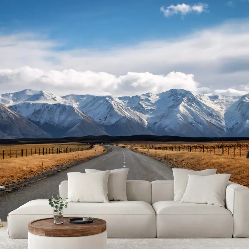 Fototapete straße zur schneebedeckten bergwelt, Neuseeland