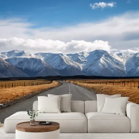 Fototapete straße zur schneebedeckten bergwelt, Neuseeland