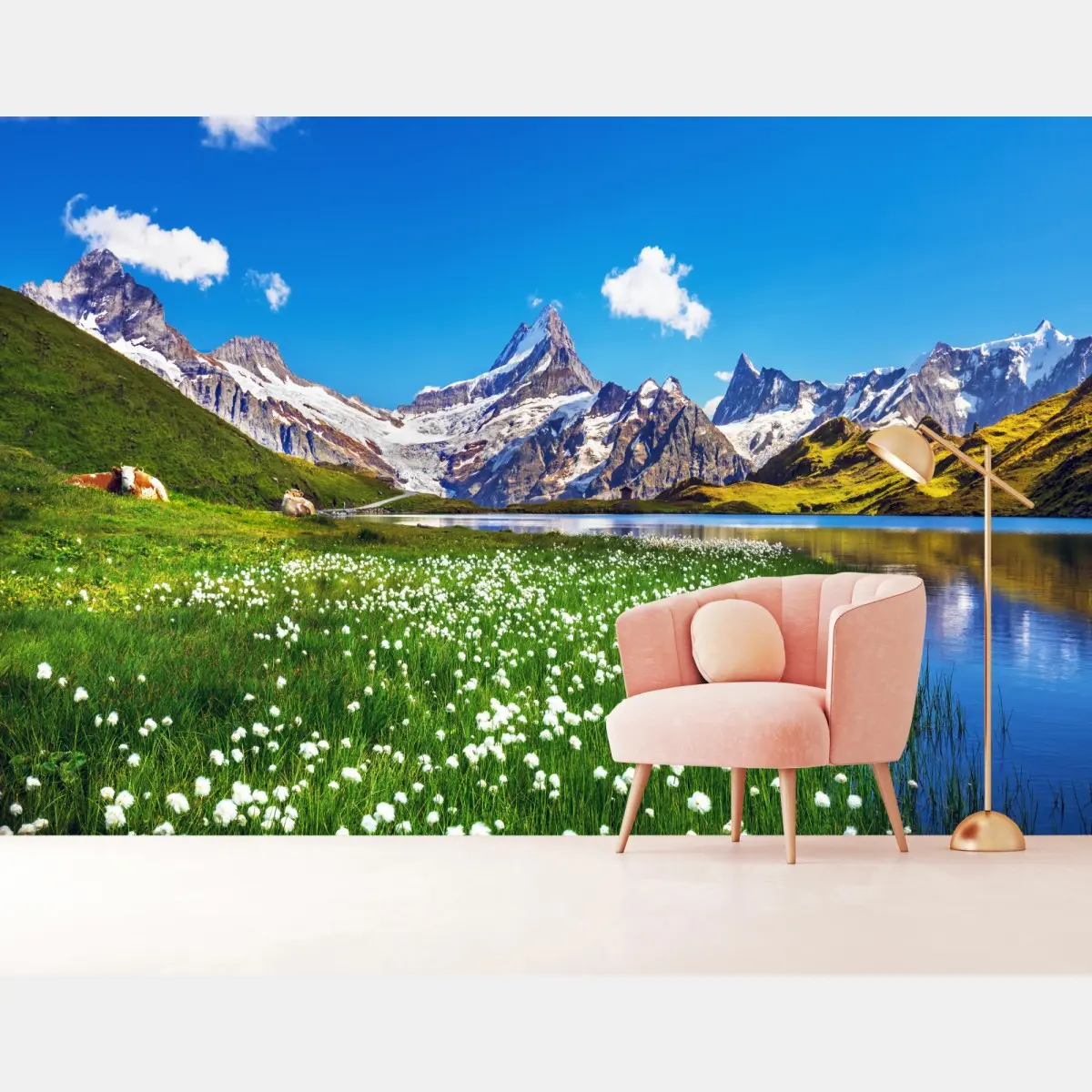 Fototapete alpensee mit blumenwiese und berggipfeln – Pixers®