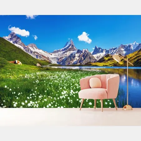 Fototapete alpensee mit blumenwiese und berggipfeln – Pixers®