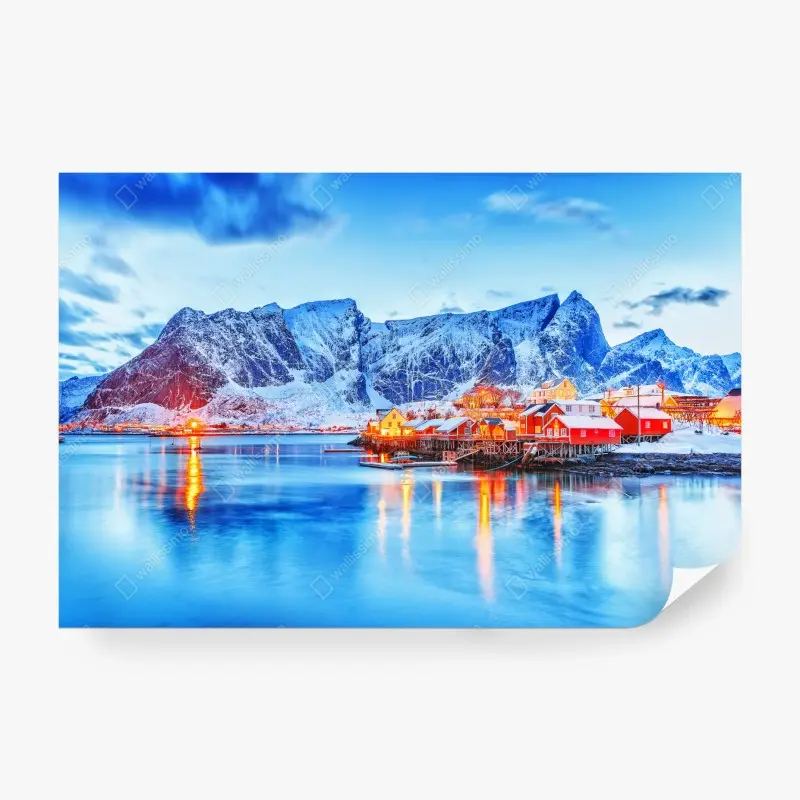 Fototapete verschneites küstendorf unter hohen bergen