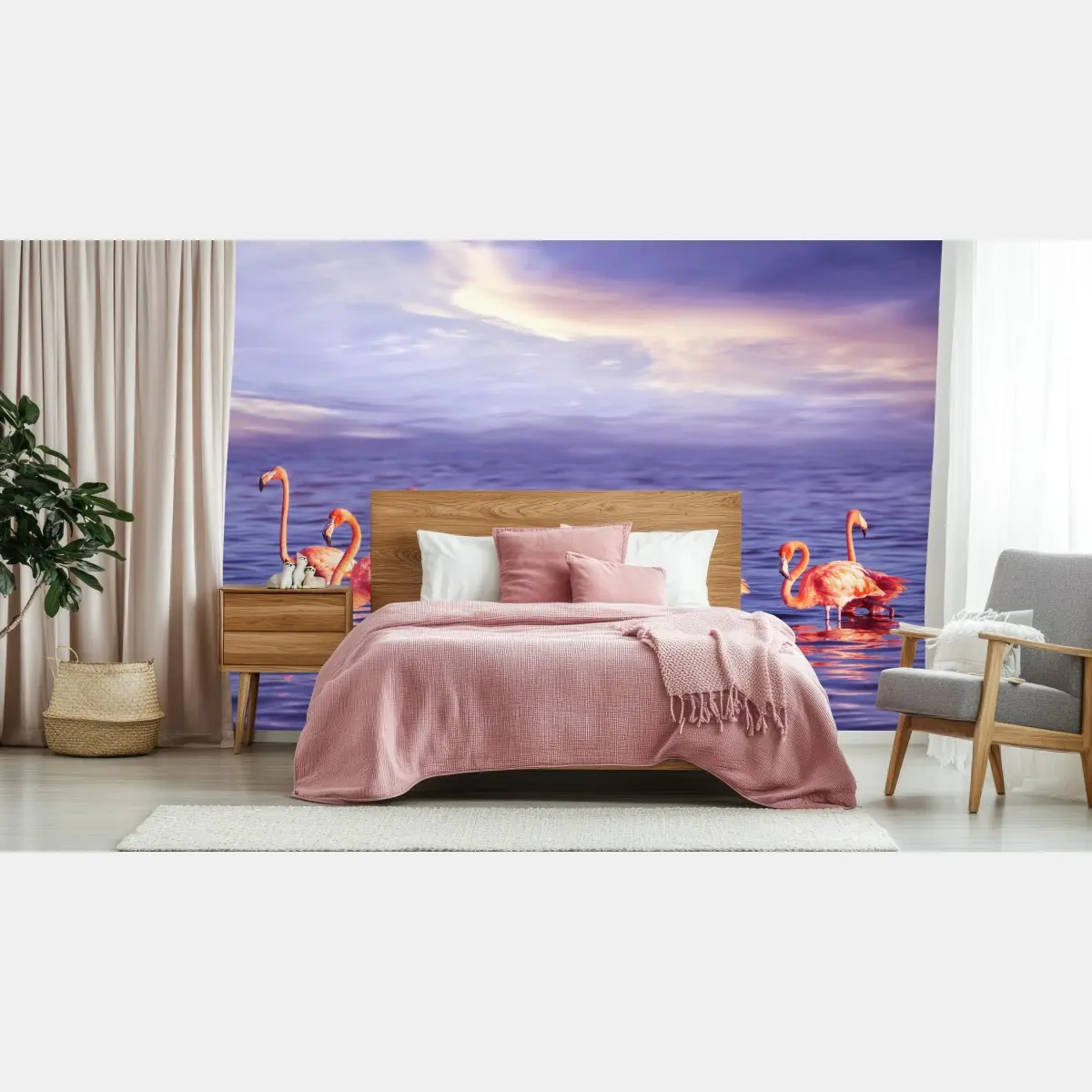 Fototapete rosa flamingos im violetten sonnenuntergang – Pixers®