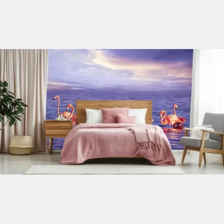 Fototapete rosa flamingos im violetten sonnenuntergang – Pixers®