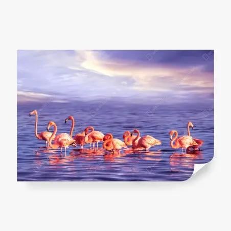 Fototapete rosa flamingos im violetten sonnenuntergang – Pixers®