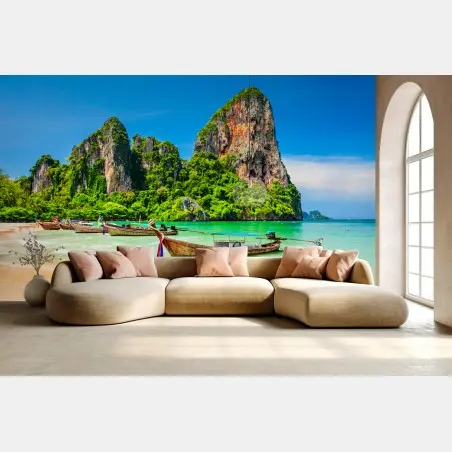 Fototapete longtail-boote an einem tropischen strand, Thailand – Pixers®
