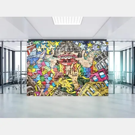 Fototapete buntes graffiti-mural mit verspielter figur – Pixers®